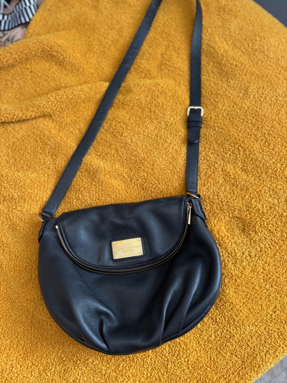 Marc Jacobs Black Pebbled Leather Crescent Crossbody with Gold Plaque
